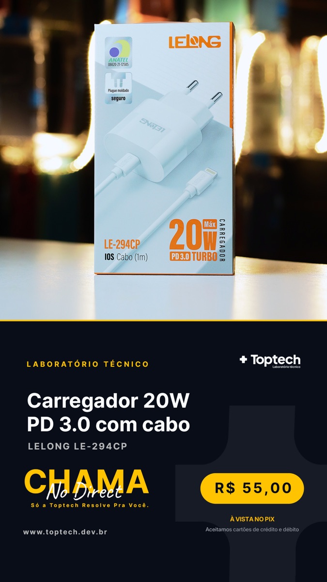 Carregador 20W PD 3.0 com cabo Lelong